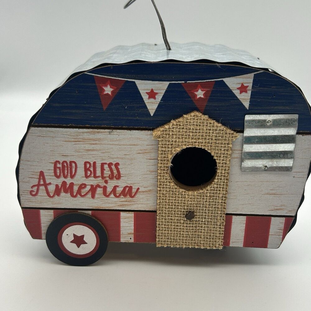 God Bless America Camper Trailer Birdhouse Patriotic Wooden Hanging Bird House